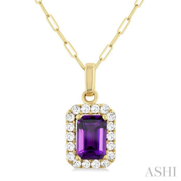 6x4 MM Octagonal Shape Amethyst and 1/6 Ctw Round Cut Diamond Halo Semi-Precious Pendant with Chain in 14K Yellow Gold